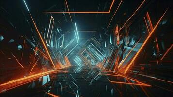 digital cg background, cg backgrounds sci-fi backgrounds, in the style of futuristic geometric abstraction, dark orange and light cyan, 32k UHD, neon, and fluorescent light, generat ai photo