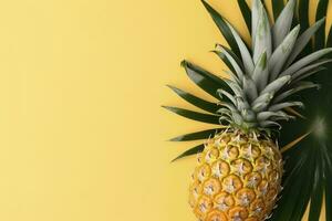 Beautiful pineapple on tropical palm monstera leaves isolated on bright pastel yellow background, top view, flat lay, overhead above summer fruit. , generate ai photo