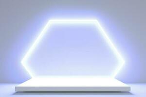 Realistic podium display with neon white lights, Product display background with light frame, White prodium product display with light effect, neon lights background, generate ai photo
