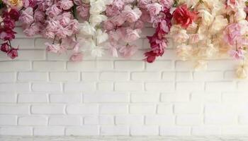 Flower texture background for wedding scene. Flowers on white brick wall with free space for text. Wedding or party decoration. Floral arrangement, floristics setting, generate ai photo