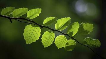 Earth Day and World Environment Day, Spring, Tropical tree leaves and branch with beautiful green forest background, generate ai photo