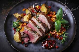 Traditional roasted Italian panettone tagliata di manzo with sliced beef steak and vegetables served close-up on a Nordic design plate, generate ai photo