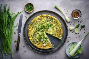 tradicional italiano vegetal frittata con calabacín, primavera cebolla y queso servido como un parte superior ver en un nórdico diseño plato con Copiar espacio, generar ai foto