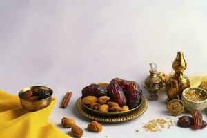 Eid al-Fitr holiday concept with sweet dried dates, fruits and decorations on bright background. Top view from above, generate ai photo