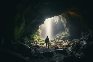 aventurero en un cueva, generar ai foto