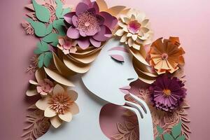 Paper art , Happy women's day 8 march with women of different frame of flower , women's day specials offer sale wording isolate , Generate Ai photo