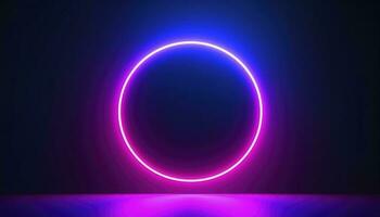 3d render, blue pink neon round frame, circle, ring shape, empty space, ultraviolet light, 80s retro style, fashion show stage, abstract background, generate ai photo