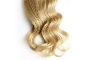 Curly blonde hair isolated on white background. Beautiful healthy long blond hair lock, haircut, hairstyle. Dyed hair or coloring, hair extension, cure, treatment concept photo