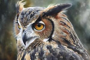 Paint a watercolor portrait of a wise owl featu . photo