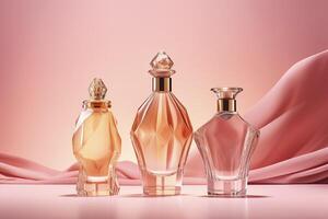 elegancia perfume botella, femenino cosmético rosa, generativo ai foto