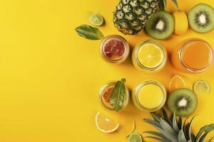 Add a pop of color to your summer marketing with this vibrant top view flat lay photo of citrus juice cocktails in glass jars, ananas, orange, kiwi set against a trendy yellow background, generate ai