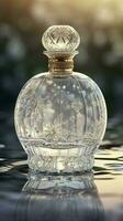 A delicate and noble glass perfume bottle was placed in the middle of the water,The sunlight asperses full, on the water flutters falls the petal, generate ai photo