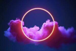 3d render, abstract cloud illuminated with neon light ring on dark night sky. Glowing geometric shape, round frame, generate ai photo