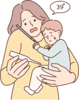 Woman with sick baby holding thermometer and calling pediatrician doctor or calling ambulance png