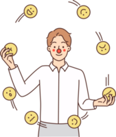 Man with clown face juggles emoticons with emotions symbolizing attempt to hide own emotions png