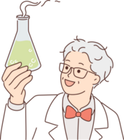 Laboratory assistant holds flask with green fuming liquid while examining chemical reaction png