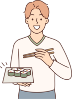 man innehav tallrik av maki rullar inviterar till äta middag i japansk restaurang med utsökt friska mat png