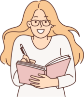 inteligente mujer estudiante sostiene bolígrafo y bloc escritura abajo conferencia o acuerdo diario con secreto deseos png