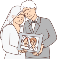 Elderly men and woman in wedding clothes hold portrait of young couple from marriage ceremony png