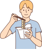 Man eats chinese noodles from takeaway carton box and holds chopsticks from asian restaurant png