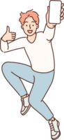 Encouraged man jumps up with mobile phone in hands showing blank screen gadget and shows thumbs up png