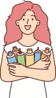 Happy woman holds cosmetic products for hair care to make hair splendid and silky png