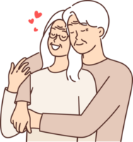 Elderly couple in love from gray-haired man and woman hugging and remembering youth or first date png