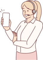 Woman operator works in support service and uses headset for call center advising customers png