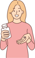 Woman is holding pack of vitamins and capsule of medicine that relieves headache or relieves depressive mood png