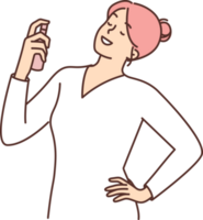 kvinna innehav injektionsflaska med doftande parfym putsar innan gående till fest eller datum med pojkvän png