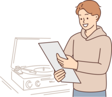 Man with vinyl record stands near gramophone and smiling looks at box of vintage sound recordings png