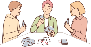 Friends playing cards sitting at table spending time together enjoying game of poker png