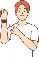 Man with fitness bracelet on hand points finger at tracker with gps function or measures steps png