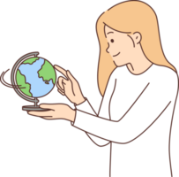 Woman with globe works as geography teacher telling children about countries located on planet earth png