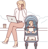 Businesswoman with baby in stroller sits in park works with laptop and mobile phone png