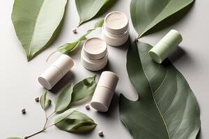 Eco friendly cosmetics decorated with green leaves, organic facial skincare, makeup and skin care cosmetic items. image. photo