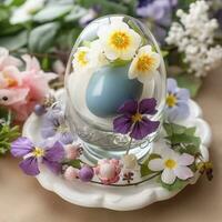 Pink Flower Arrangement, Easter Decoration, Frohe Ostern Means Happy Easter , generate ai photo