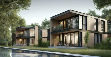3d rendering of a large modern contemporary house in wood and concrete, generate ai photo