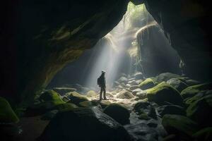 Adventurer in a cave, generate ai photo