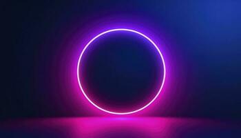 3d render, blue pink neon round frame, circle, ring shape, empty space, ultraviolet light, 80s retro style, fashion show stage, abstract background, generate ai photo