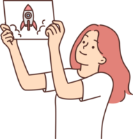 ragazza dimostra disegno di navicella spaziale o razzo assunzione via e sogni di diventare donna astronauta png