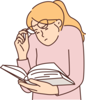 Woman is reading book lifting glasses and squinting eyes due to problems caused by poor vision png