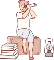 Funny little adventurer girl wants to go on long journey using piece of paper instead of telescope png