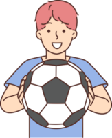 Cheerful boy of school age holding soccer ball and smiling offers to play football png