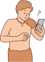 primitivo hombre con teléfono es sorprendido y conmocionado a ver moderno tecnología para primero hora png