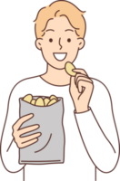 Mens eet aardappel chips genieten van krokant calorierijk tussendoortje dat snel voldoet aan honger png