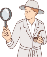 Sherlock holmes with magnifying glass investigates crime using deduction and smokes tobacco pipe png