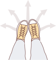 Legs man at crossroads near arrows pointing in different directions, symbolizing uncertainty png