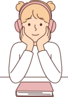 Little girl listens audiobook using headphones as alternative to reading textbooks png