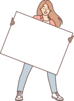 Woman is holding blank banner for applying advertising logo or marketing slogan for promo action png